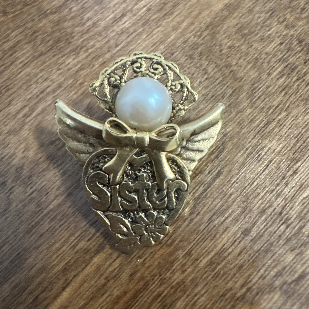 Vintage Angel Brand Sister Angel Brooch Gold Tone Faux Pearl Heart Pin